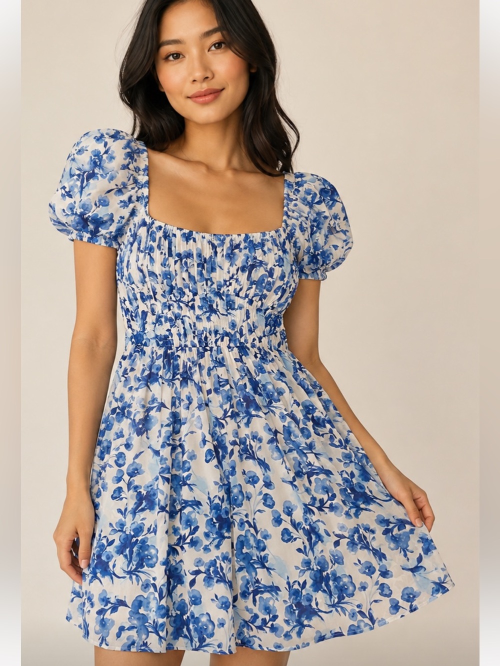 Abercrombie & Fitch Blue Floral Smocked Puff Sleeve Dress